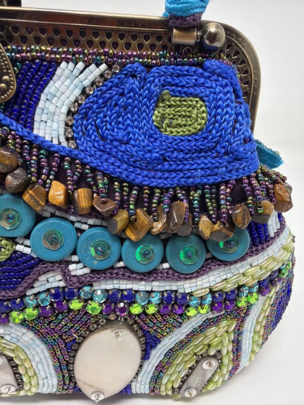 Chico's Beaded Evening Bag Blue Purple Floral Embellished Top Handle Purse - Picture 9 of 16